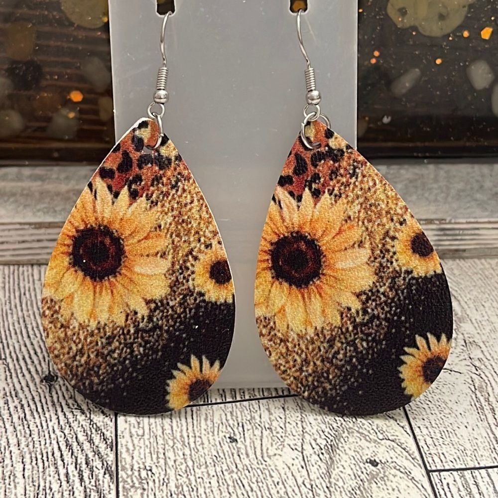 Sunflower Print with Leopard Accent Earrings NWT